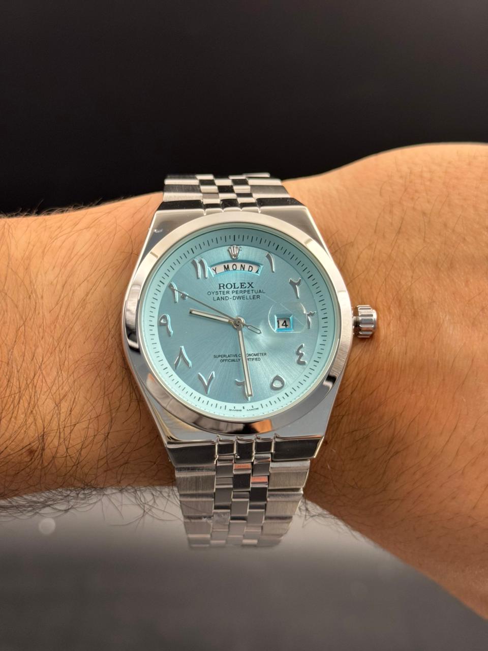 Rlx Lx Arabe Plateado Tablero Azul Claro