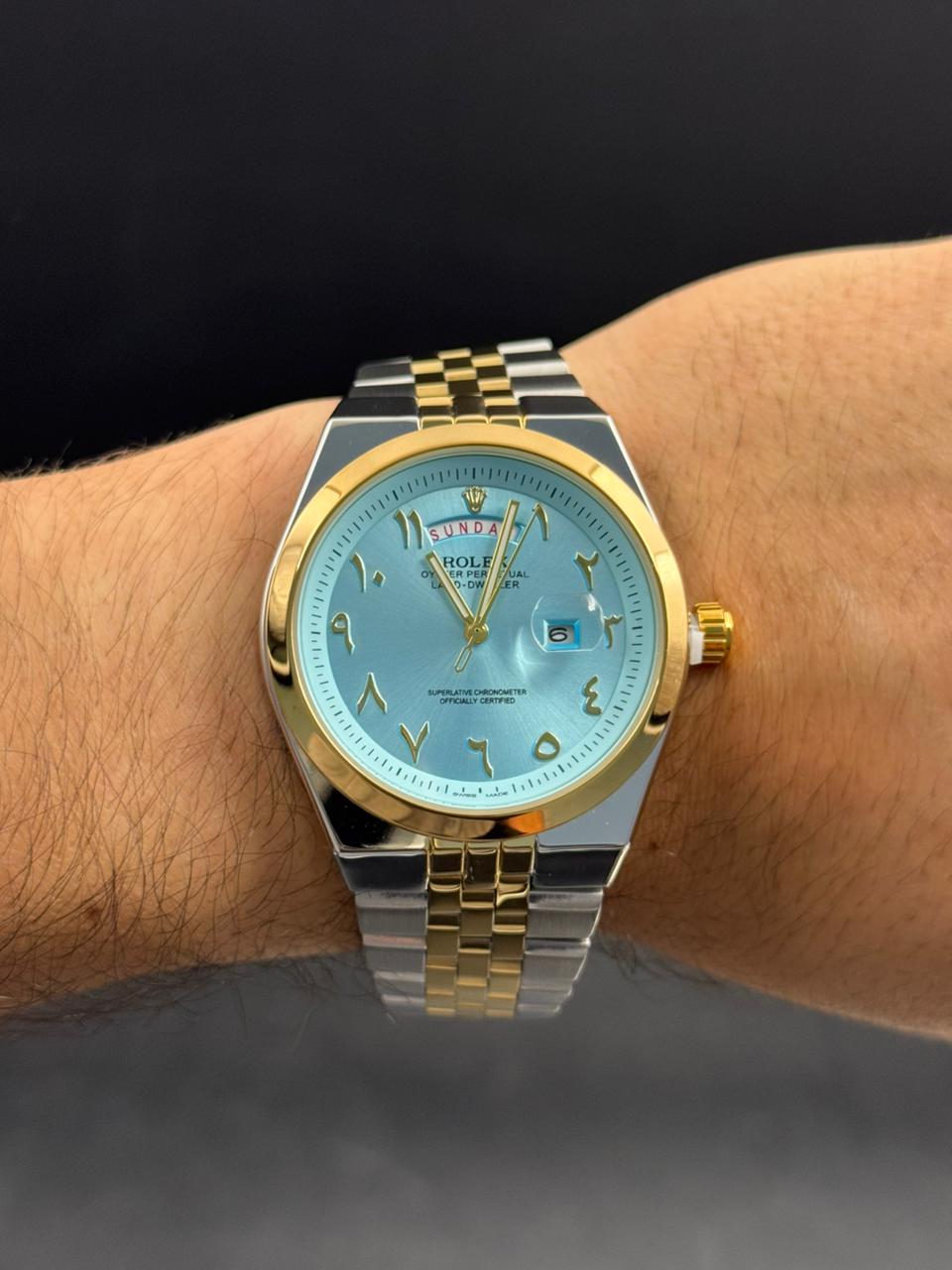 Rlx Lx Arabe Bicolor Dorado Tablero Azul Claro