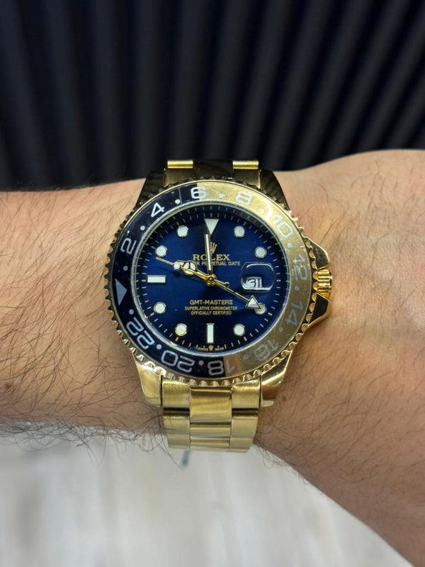 Rlx GMT 2 Dorado Tablero Azul Bisel Negro Dorado