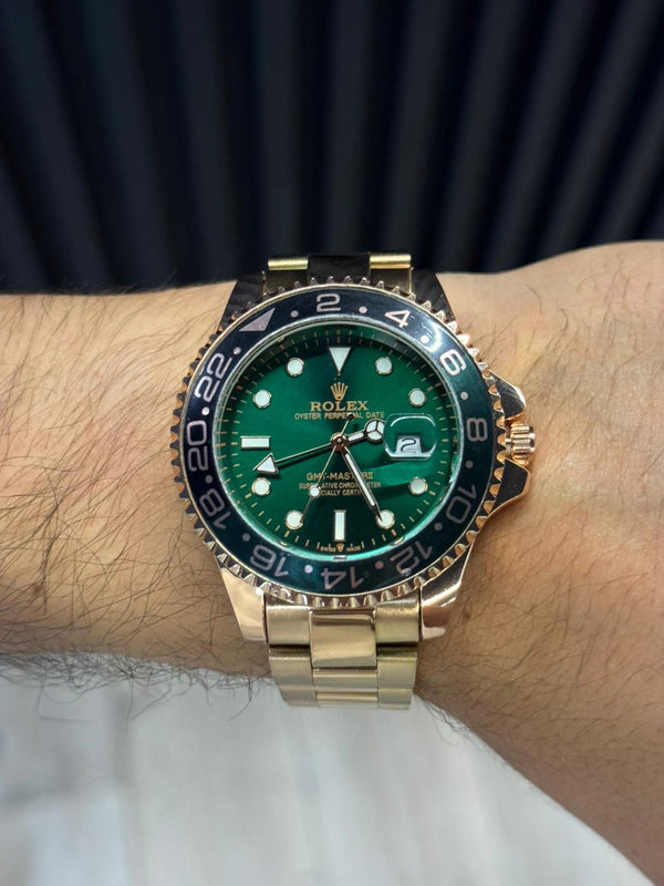 Rlx GMT 2 Oro Rosa Tablero Verde Bisel Verde