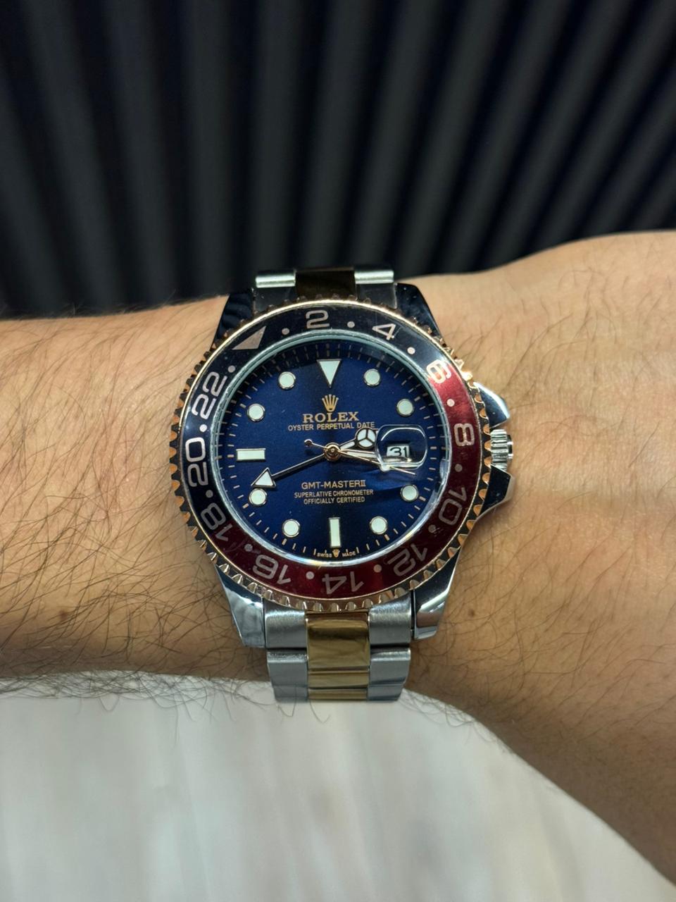 Rlx GMT 2 Bicolor Dorado Tablero Azul Bisel Negro Rojo