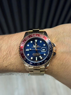 Rlx GMT 2 Oro Rosa Tablero Azul Bisel Rojo Negro