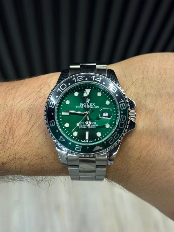Rlx GMT 2 Plateado Tablero Verde Bisel Negro