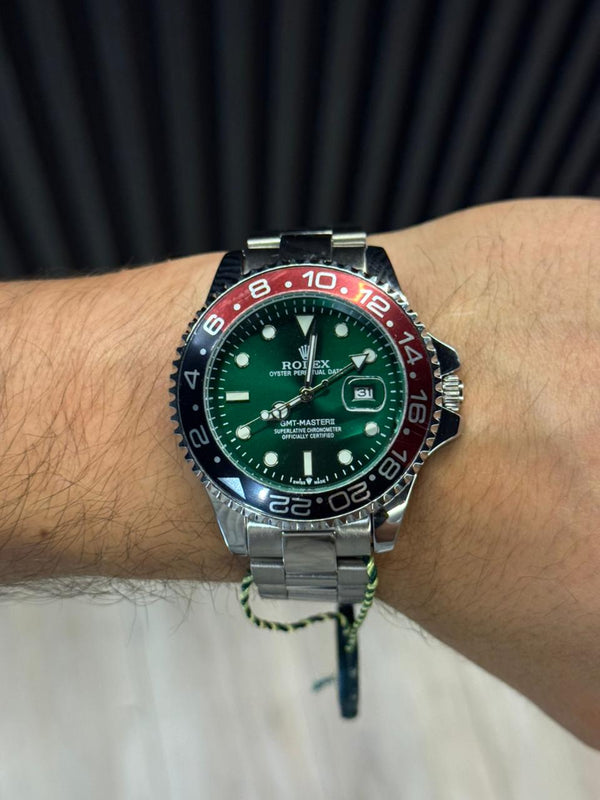 Rlx GMT 2 Plateado Tablero Verde Bisel Rojo Negro