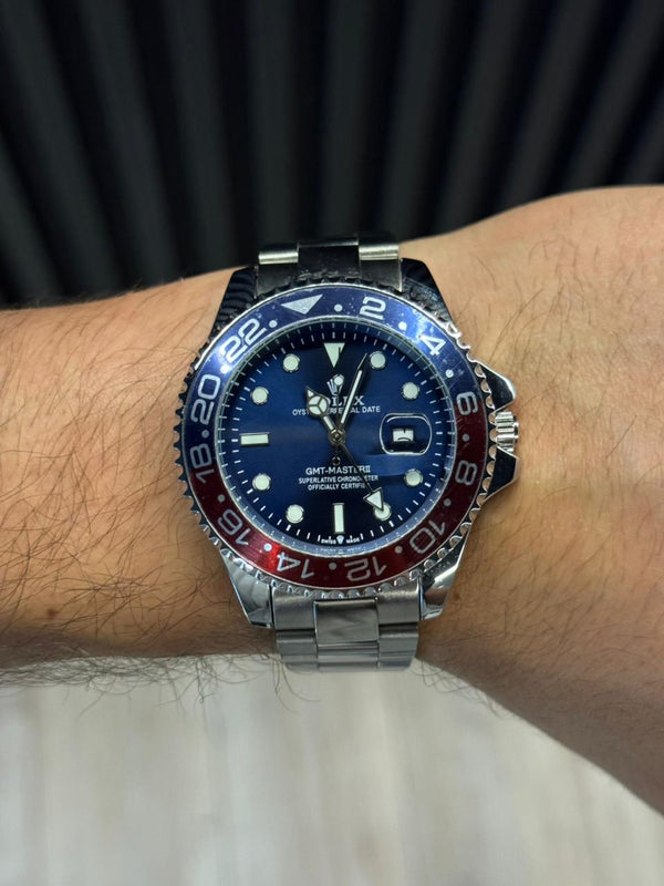 Rlx GMT 2 Plateado Tablero Azul Bisel Azul Rojo