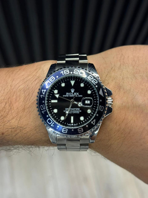 Rlx GMT 2 Plateado Tablero Negro Bisel Azul Negro