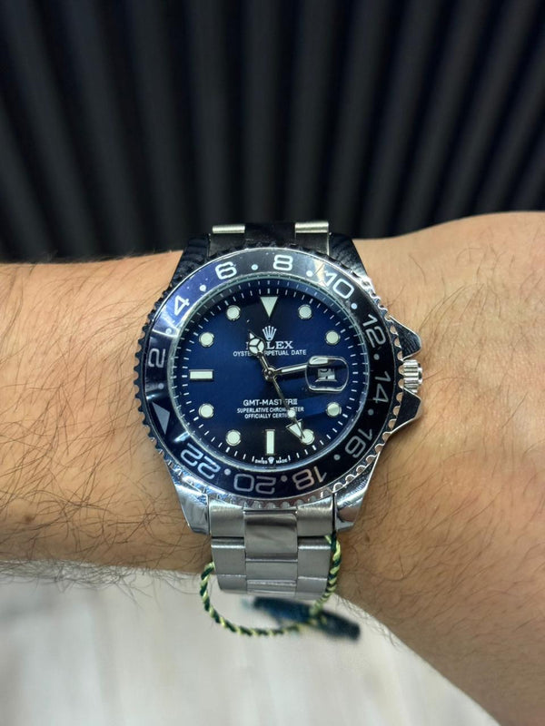 Rlx GMT 2 Plateado Tablero Azul Bisel Azul
