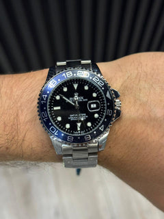 Rlx GMT 2 Plateado Tablero Negro Bisel Azul Negro