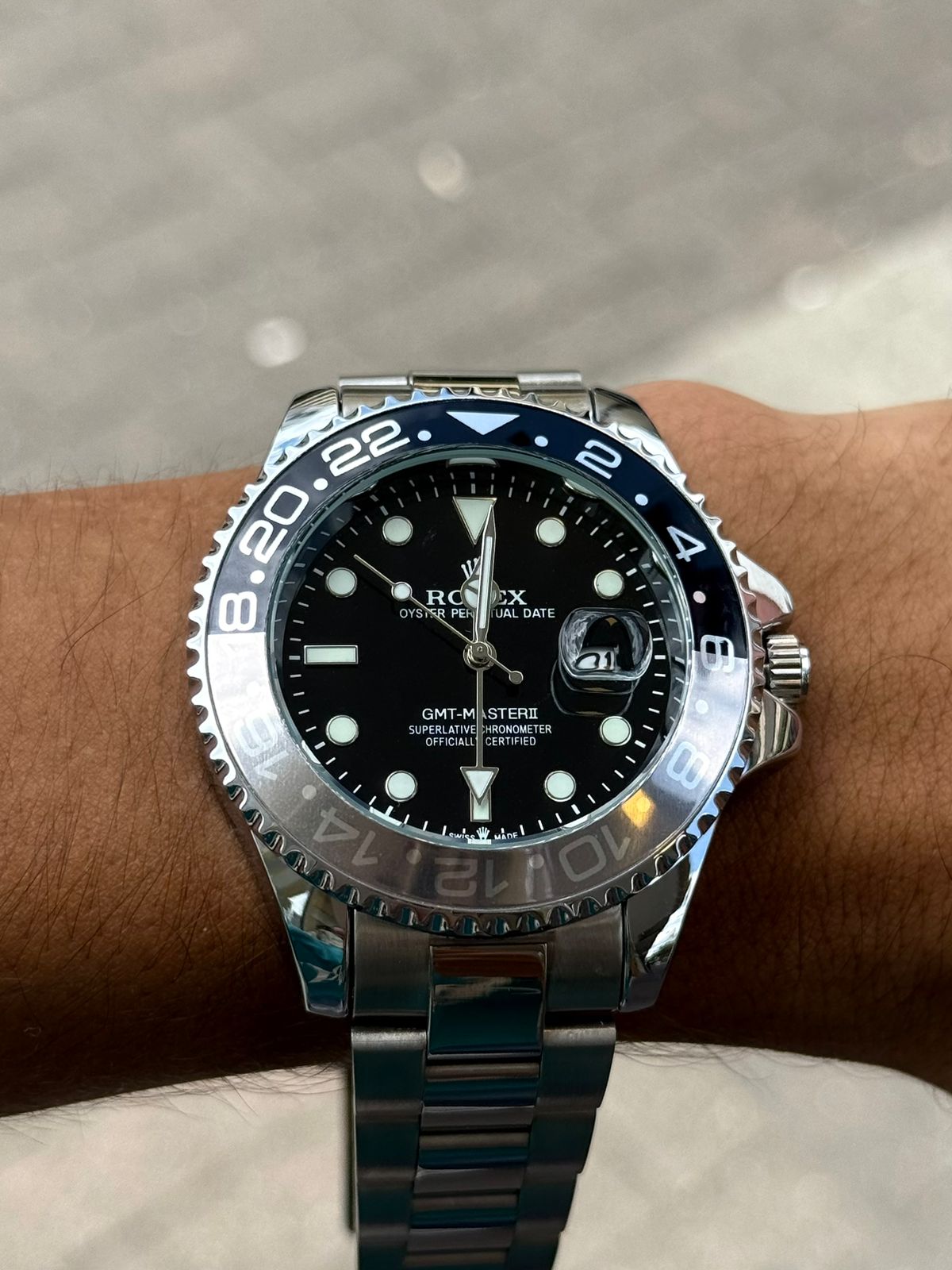 Rlx GMT 2 Plateado Tablero Negro Bisel Negro Plata
