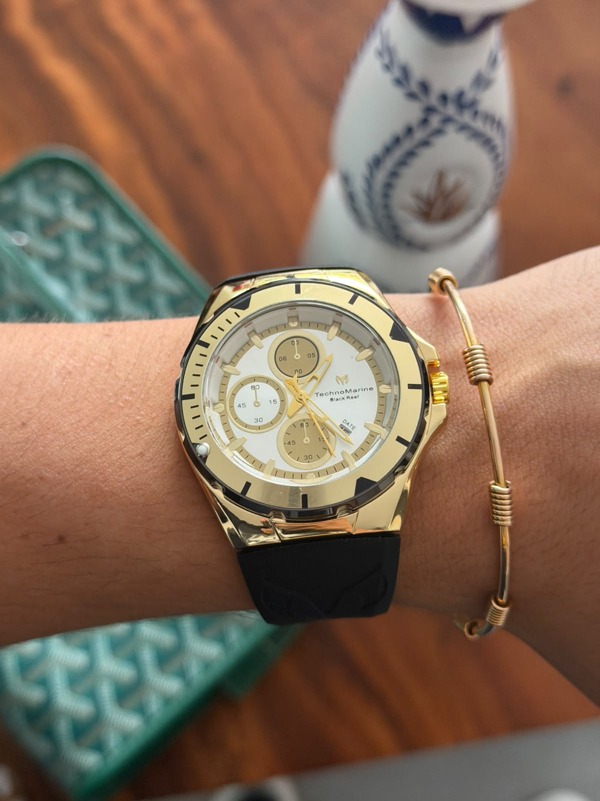 Tchmrn Cruise Chrono Goma Negra Tablero Plateado Dorado