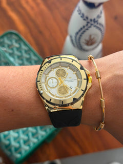 Tchmrn Cruise Chrono Goma Negra Tablero Plateado Dorado