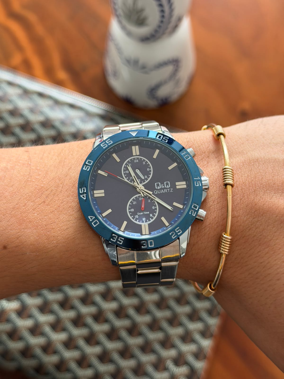 QYQ Crono Plateado Tablero Azul