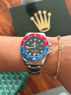 Rlx Oyster Master Plateado Tablero Negro Bisel Azul Rojo