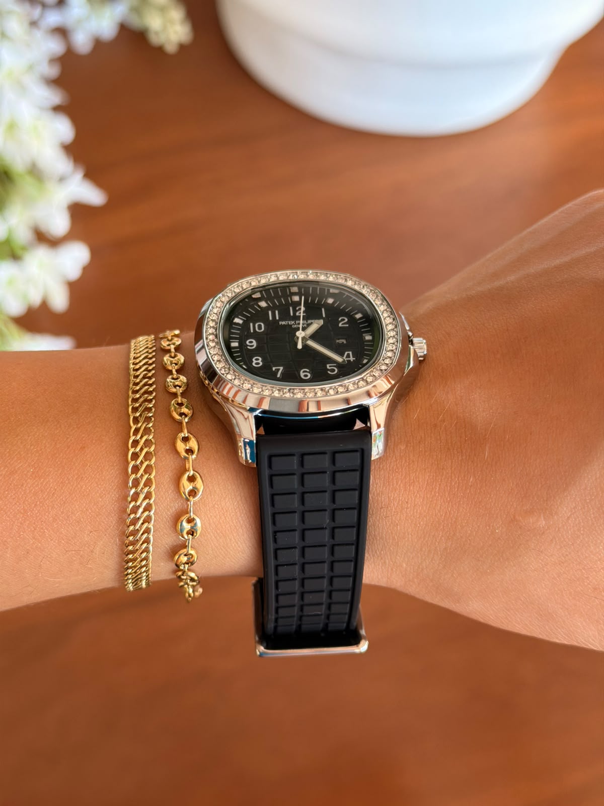 Ptk Mujer Circones Goma Negra Tablero Negro Plateado