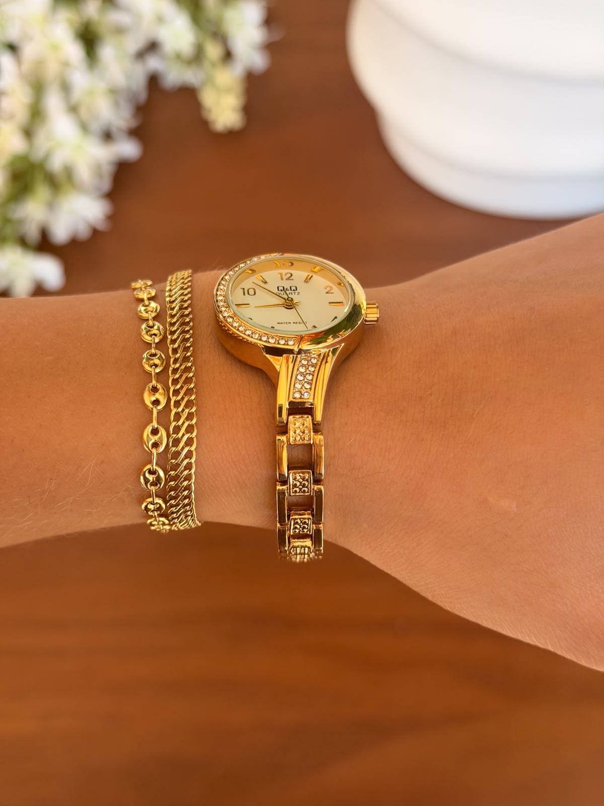 QYQ Mujer Dorado Tablero Blanco