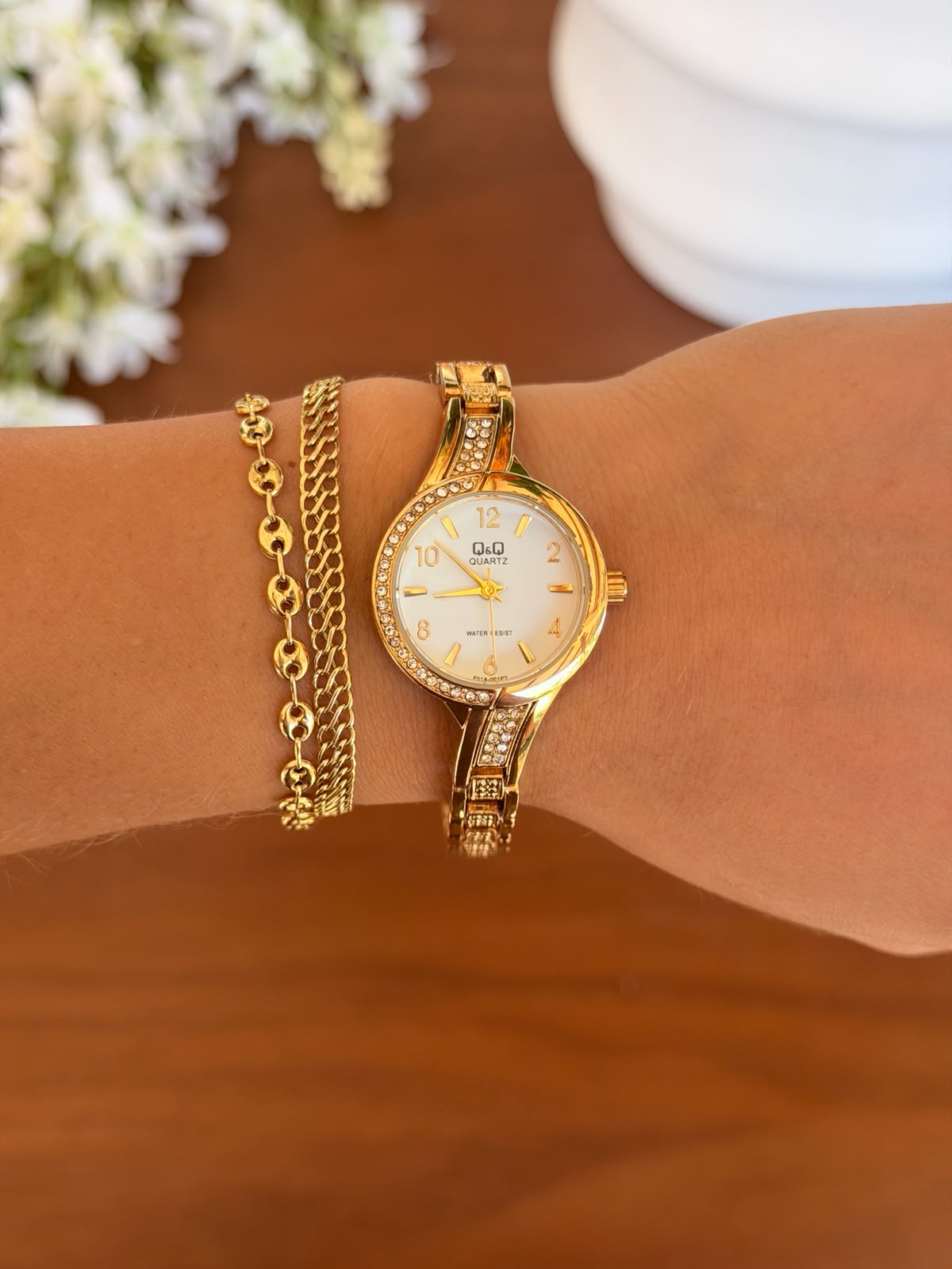 QYQ Mujer Dorado Tablero Blanco