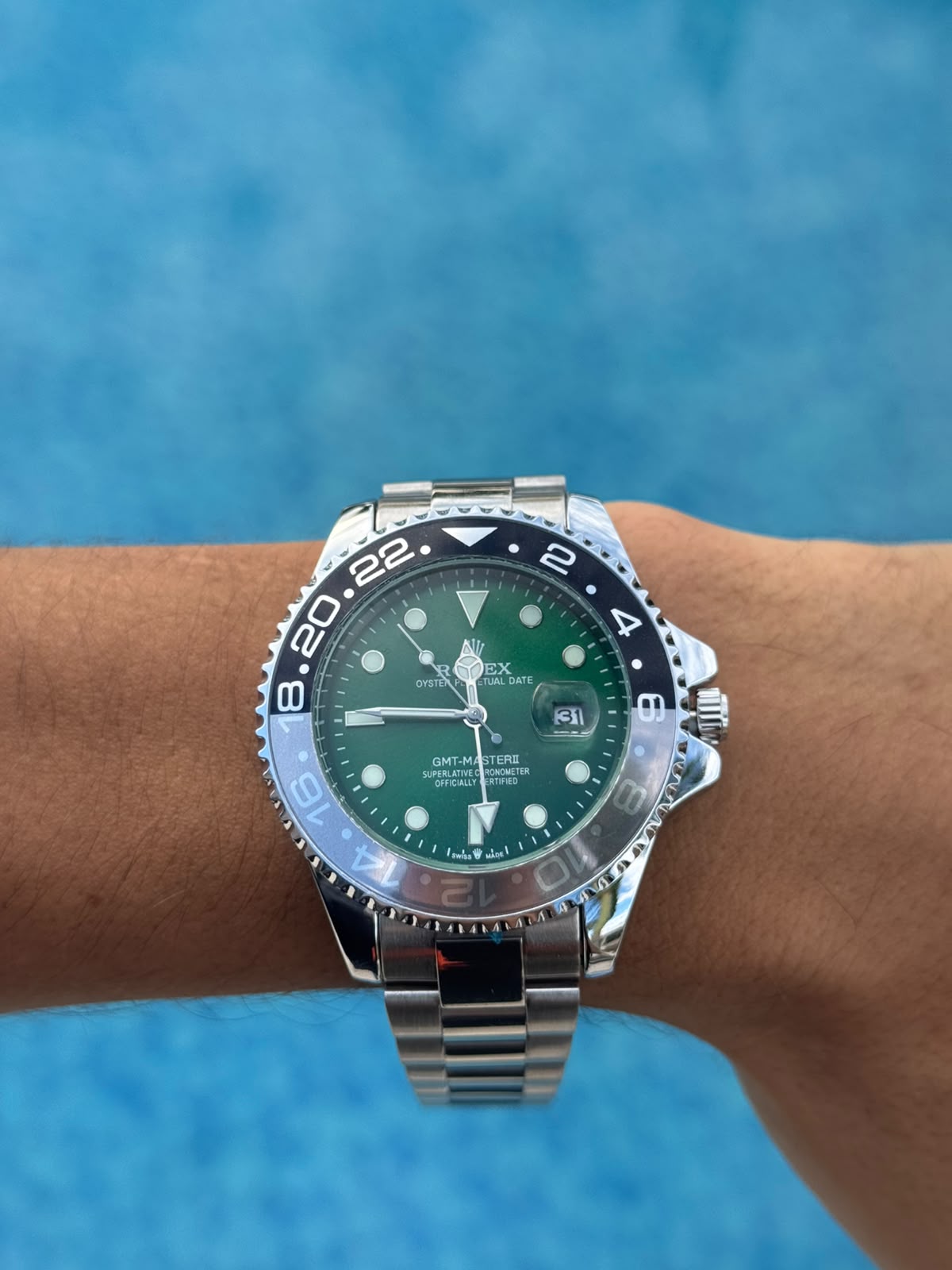 Rlx GMT 2 Plateado Tablero Verde Bisel Negro Plateado
