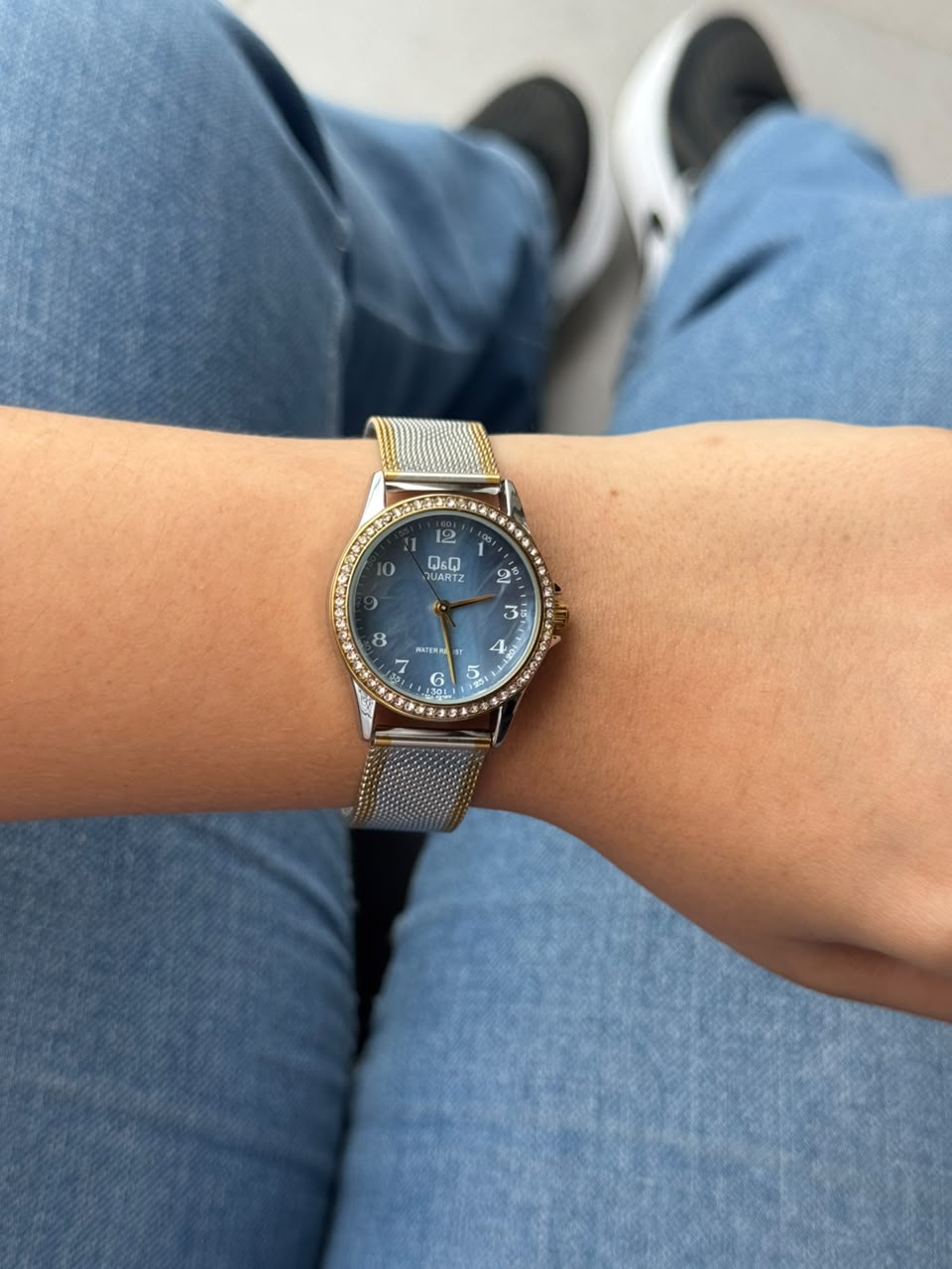 QYQ Mujer QA21 Circones Malla Bicolor Dorado Tablero Azul Verdoso