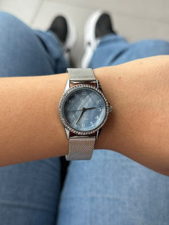 QYQ Mujer QA21 Circones Malla Plateado Tablero Azul