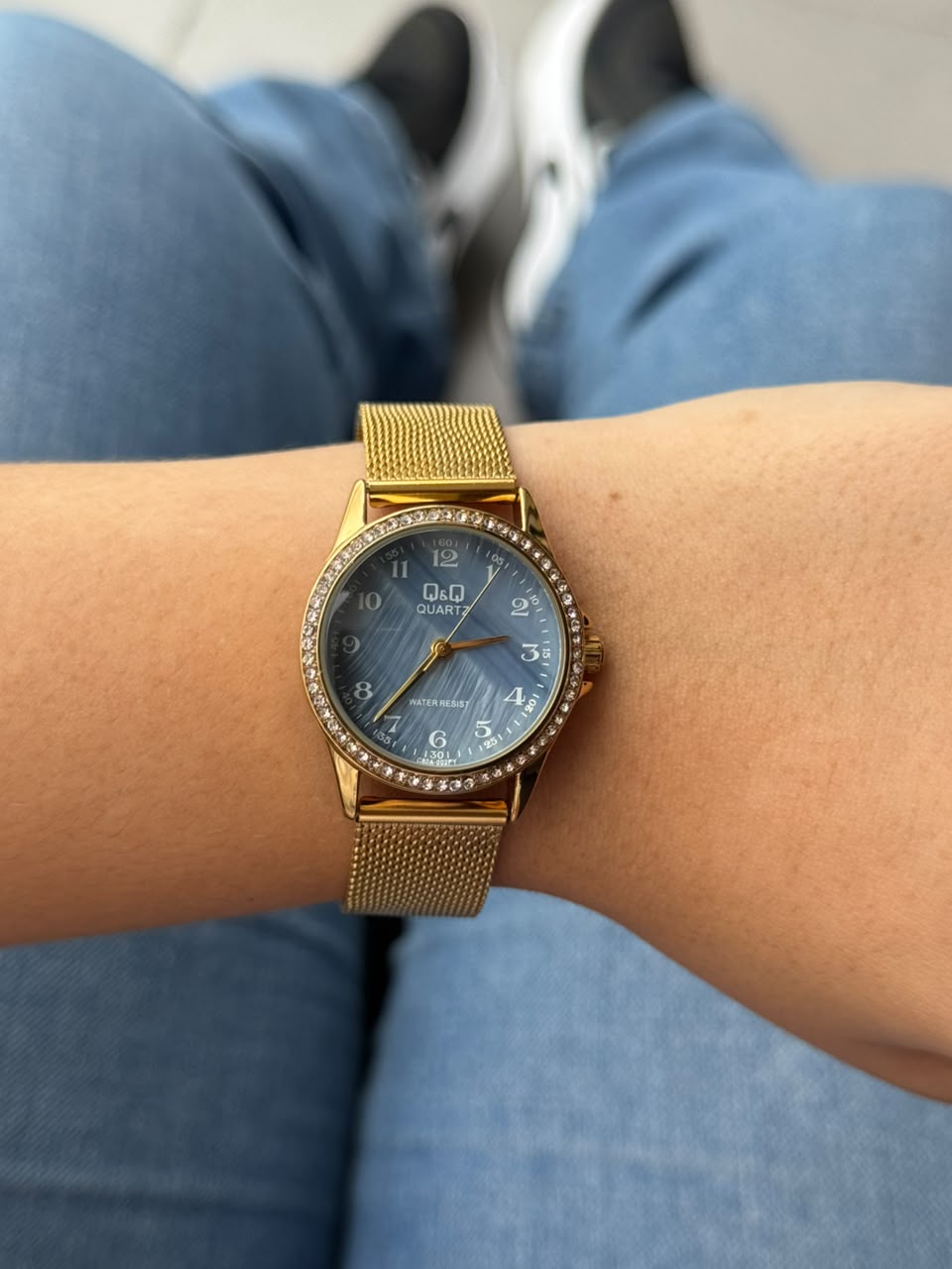 QYQ Mujer QA21 Circones Malla Dorado Tablero Azul