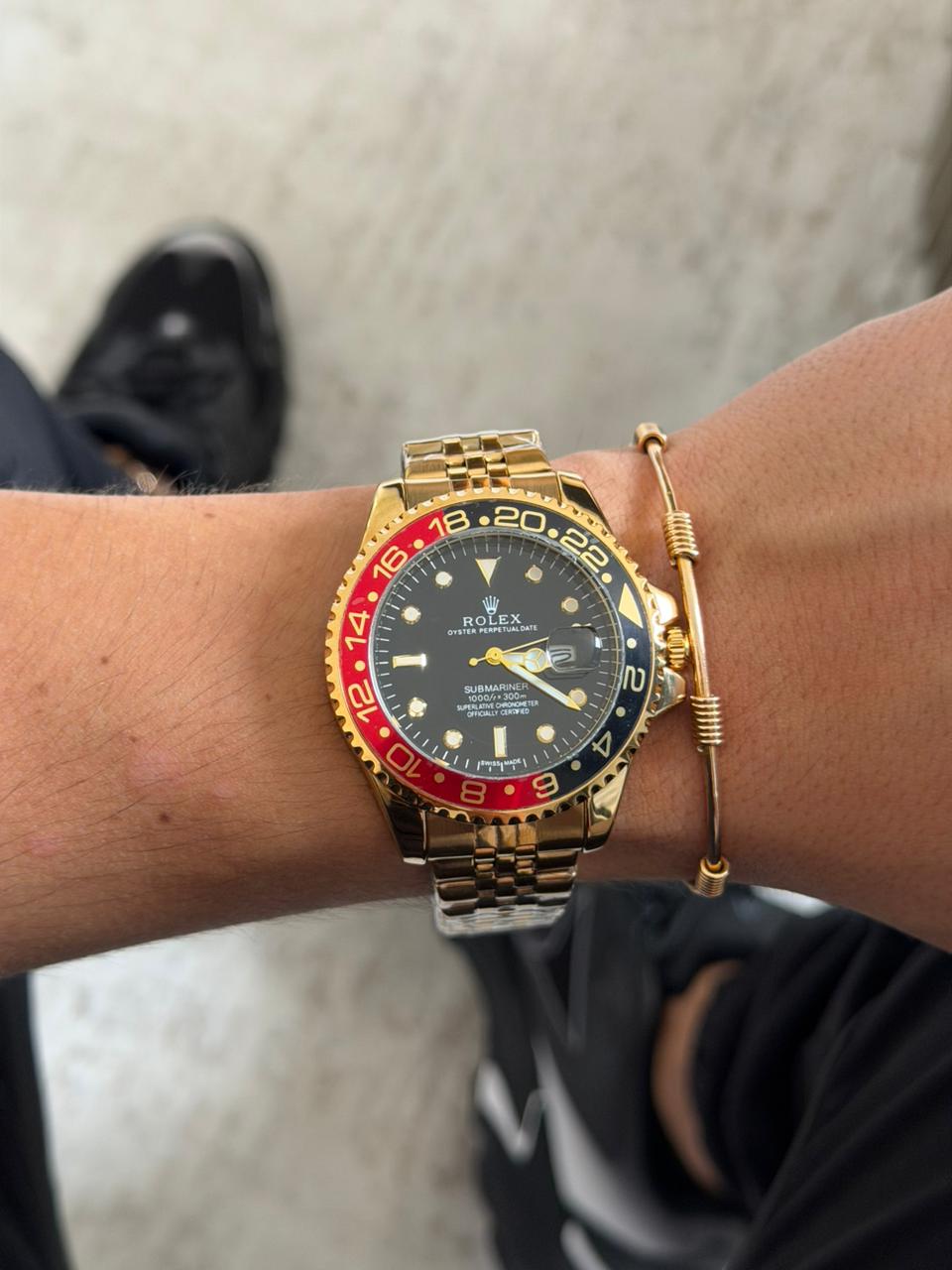 Rlx Date Trenzado Dorado Tablero Negro Bisel Negro Rojo