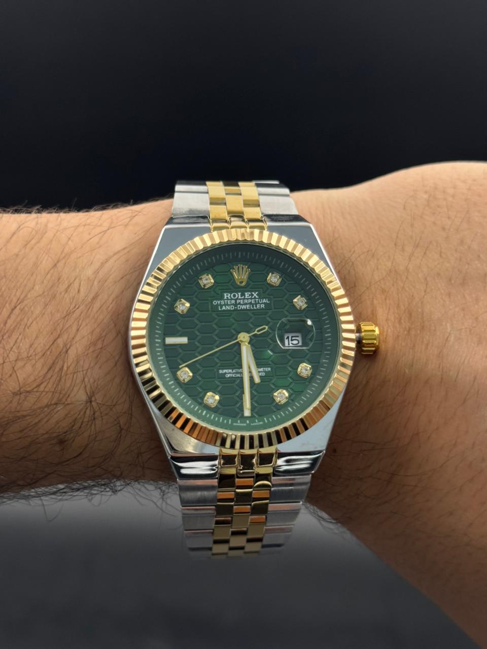 Rlx Day Date Diamond Bicolor Dorado Tablero Verde