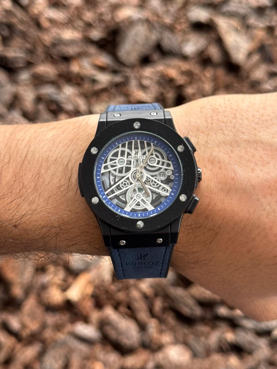 Hblt Luxe Correa Azul Tablero Plateado Azul Negro