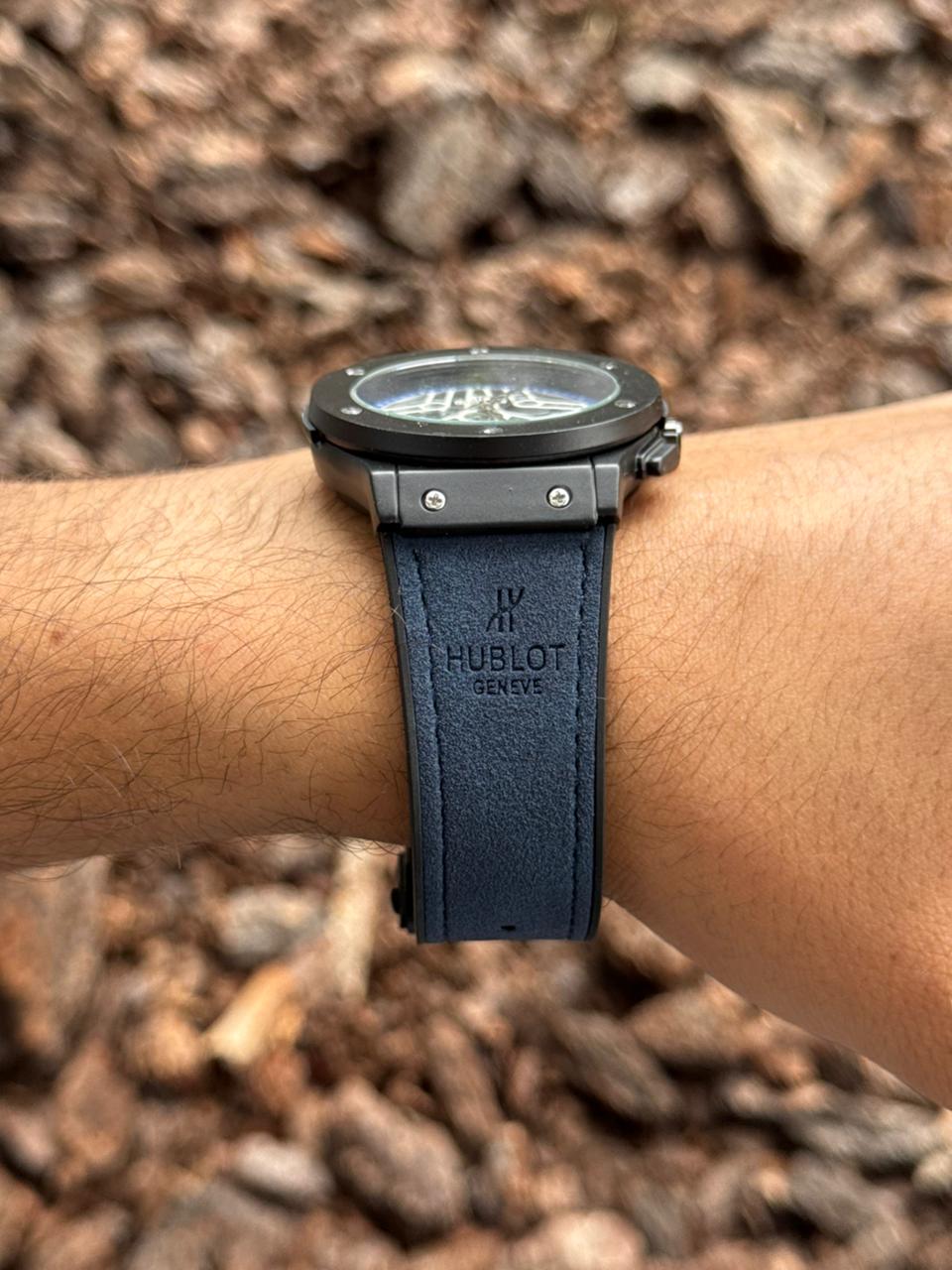 Hblt Luxe Correa Azul Tablero Plateado Azul Negro