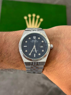Rlx Day Date Diamond Plateado Tablero Azul Oscuro