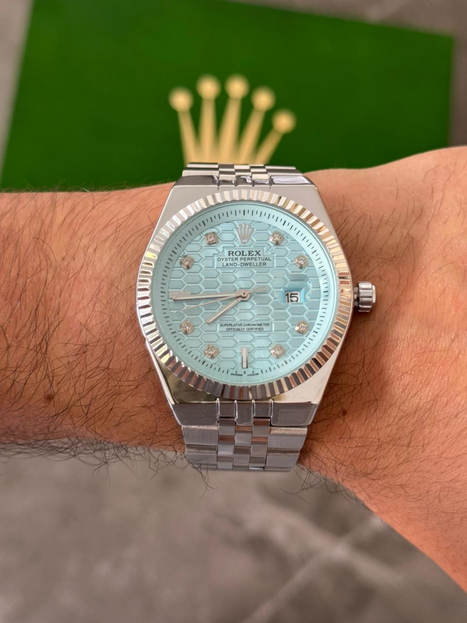 Rlx Day Date Diamond Plateado Tablero Azul