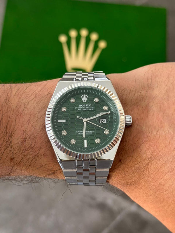 Rlx Day Date Diamond Plateado Tablero Verde