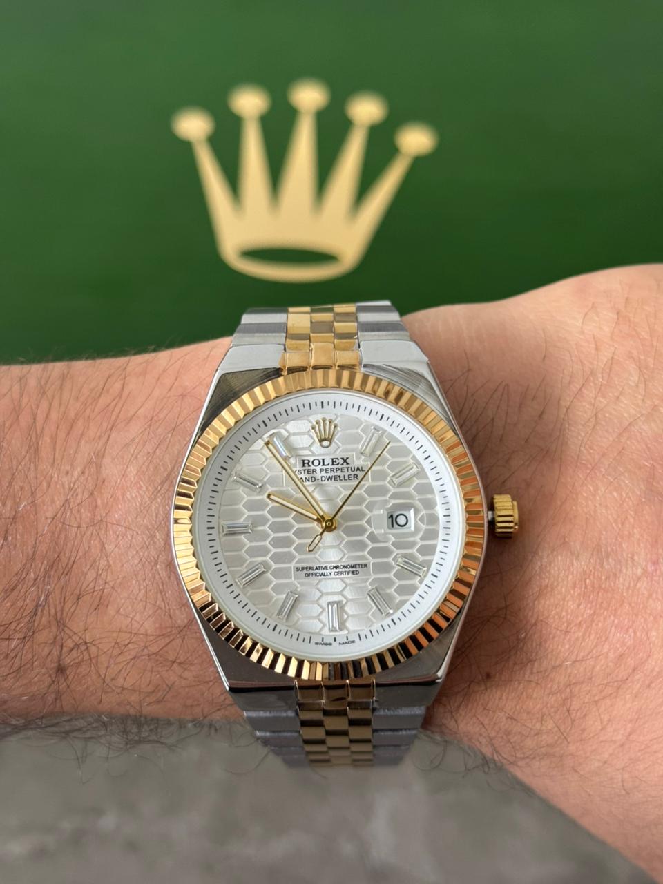 Rlx Oyster Luxe Bicolor Dorado Tablero Plateado