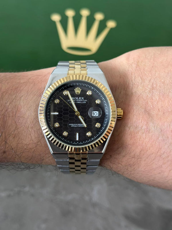 Rlx Day Date Diamond Bicolor Dorado Tablero Negro